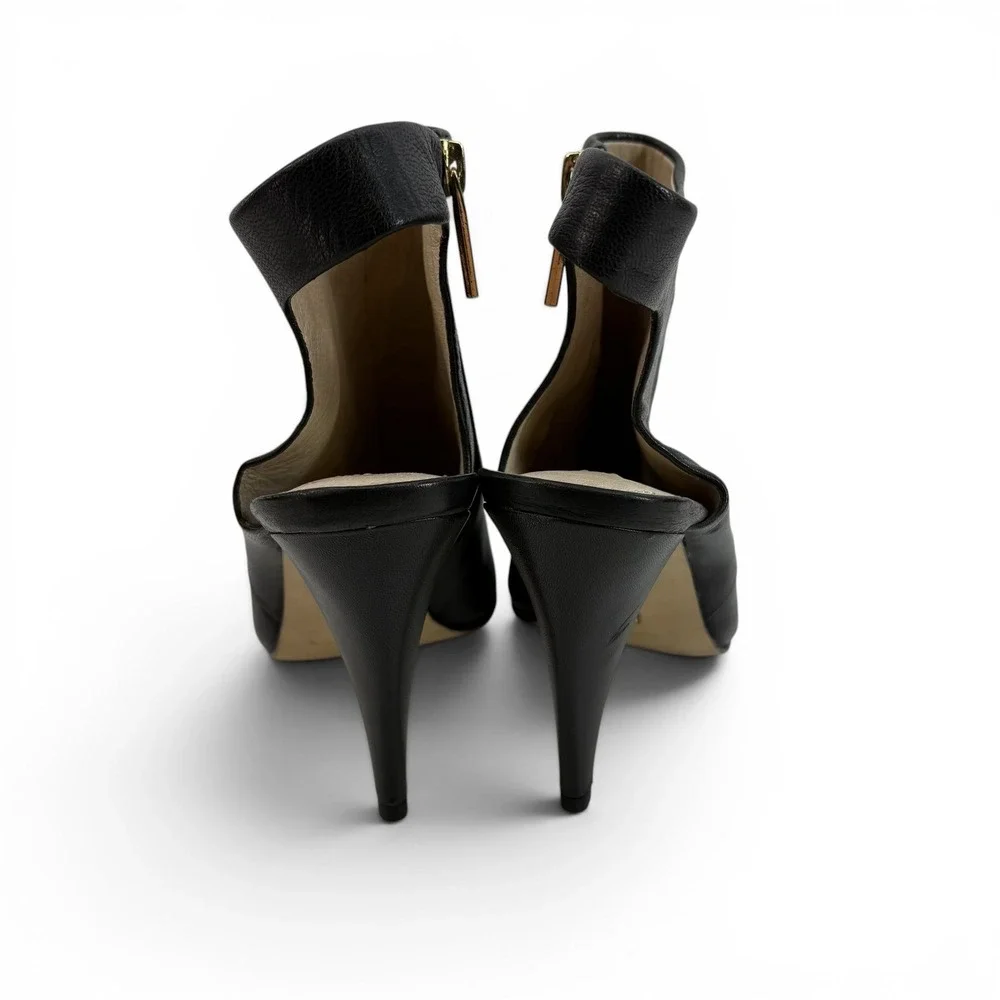 Louise et Cie Black Leather Peep Toe‎ Slingback Booties Gold Zip Heels 6.5M